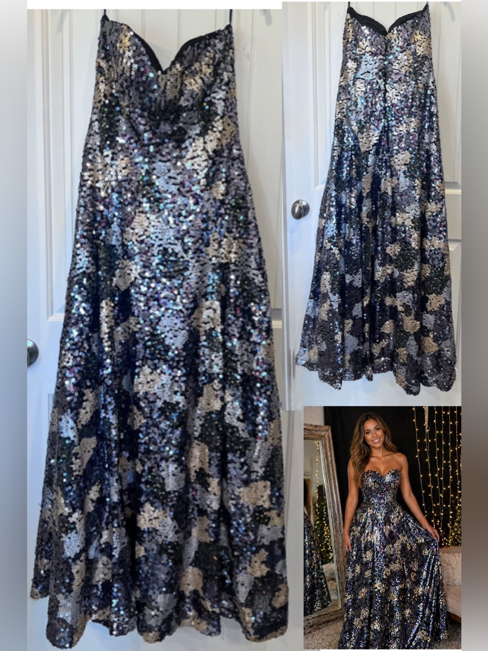 Vintage Strapless Black Gold Silver Sequin Ball Gown Sz 10 Jovani